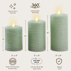 LumiPur Essentials Natural Glow Flameless Flickering Wax Pillar 3 Pack LED Candles (3" x 4" 5" & 6") Sage Green - Image 2