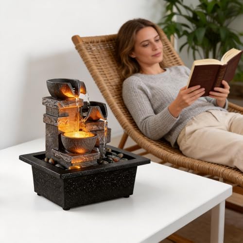 MAOCHI Indoor Fountain 3-Bowl Rockery Soothing Sound Tabletop Fountains Home/Office Decor with Natural River Rocks LED Lights Automatic Watering Pump(22044A) - Image 3