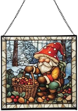 Gnome with Hibernation preparations Stained Glass Suncatcher–Square Hanging Window Panel for Home, Garden, Nursery, Halloween, Christmas, Memorial Day–Whimsical Glass Art Gift for Gnome Lovers 0uoi6u by Custom