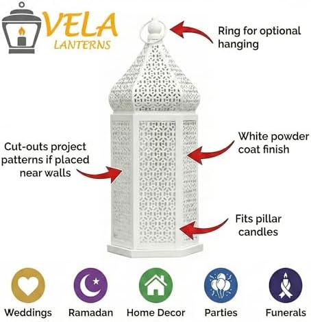 VELA LANTERNS Large Temple Tower Moroccan Lantern Lamp Decorative Candle Holders for Ramadan Decorations, Hanging, Outdoor Patio or Porch, Indoor Home Decor, Weddings, White, Set of 2 - Image 5