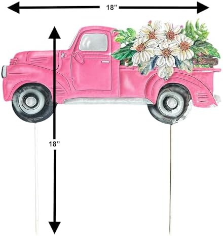 Garden Stake Vintage Truck W Flowers Metal Colorful Lawn Yard Entry Spring Summer Outdoor Decor Home Business 18"x18" (Pink Truck) - Image 7