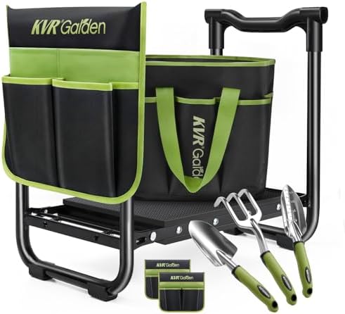 Garden Stool & Kneeler 7-Piece Set with 3 Aluminum Tools, Double-Layer Tote Bag & 2 Side Pouches - Foldable Gardening Bench Kit - Ideal Gifts for Women Mom Seniors (Light Green) by KVR
