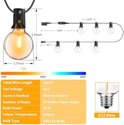 Ollny Outdoor String Lights 100FT with RF Remote & Light Sensor - Image 5
