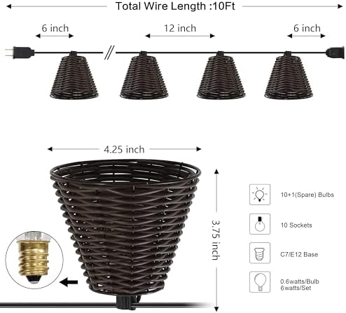 JONATHAN Y Payton 10-Light Faux-Rattan Outdoor String Lights, Dark Brown - Image 4