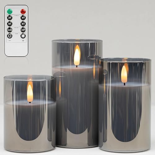 Grey Glass Flameless Candles Real Wax LED Pillar Candles Set of 3 by LetCOVEGEdecoryourhome