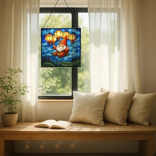 Gnome with Lantern Balloons Stained Glass Suncatcher – Square Hanging Window Panel for Home or Greenhouse – Whimsical Glass Art Gift for Garden Lovers, Christmas, Halloween, Father Days zvm4QW - Image 7