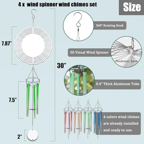 4 Packs Sublimation Wind Chime Wind Spinner Blanks Set 3D Aluminum Metal Wind Sculpture Kinetic Spinners Chimes for Yard and Garden Indoor Hanging Decoration (Classics) - Image 2