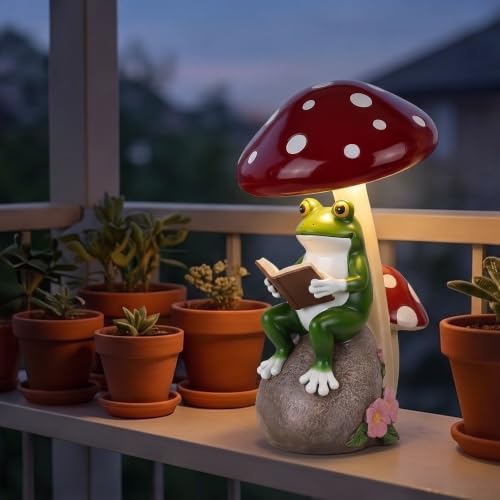 WUBIANJIE Frog Mushroom Garden Statue Lighted Resin Outdoor Decor Hand Painted Reading Frog Figurine Under Toadstool with Rock Base for Yard Lawn Patio Porch Flower Bed Accent - Image 6