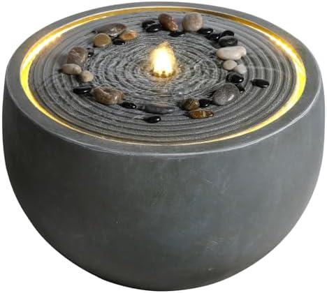 12.2" Outdoor Water Fountain, Modern Round Bowl Ripple Design, Outdoor Fountain with LED Lights, Outdoor Freestanding Fountain with Pump, Garden Water Feature, Concrete Bowl, Blue Gray - Image 6