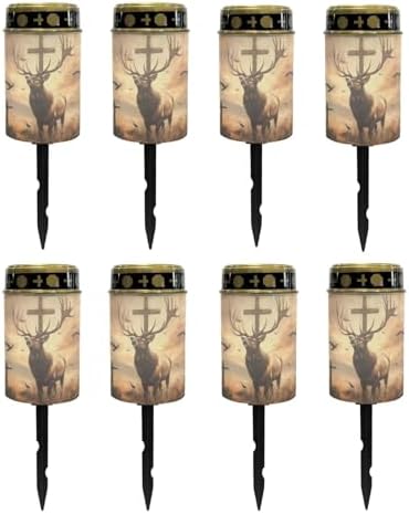 Poceacles 8 Pack Cross Solar Lights Cemetery Solar Lights for Grave Solar Candle Solar Lantern Light Walkway Lights Waterproof Landscape Lighting for Loss of Loved One, Deer Cross Dove of Peace Brown by Poceacles