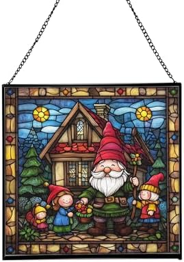 Gnome with Seasonal Celebration Stained Glass Suncatcher – Square Hanging Window Panel for Home, Garden, Nursery, Halloween, Christmas, Memorial Day – Whimsical Glass Art Gift for Gnome Lovers p7qbtj by Custom