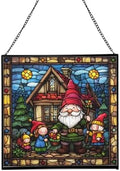 Gnome with Seasonal Celebration Stained Glass Suncatcher – Square Hanging Window Panel for Home, Garden, Nursery, Halloween, Christmas, Memorial Day – Whimsical Glass Art Gift for Gnome Lovers p7qbtj by Custom