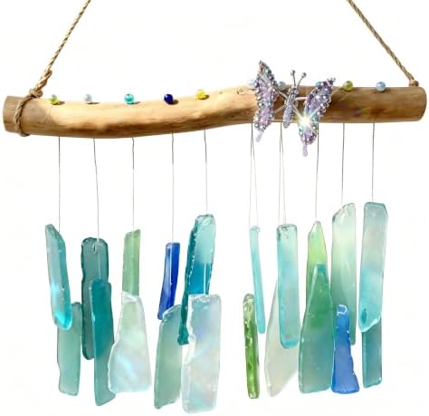 Handcrafted Driftwood Sea Glass Butterfly Wind Chime, Sea Glass Sun Catcher by Unknown