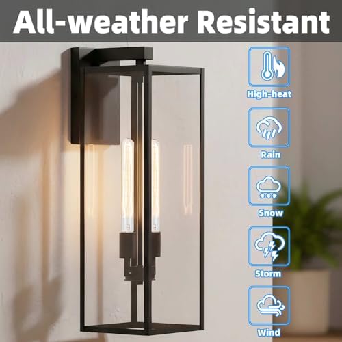 1 Pack 25in Extra Large Outdoor Wall Light 2-Light Black Wall Lantern for Porch,25” Exterior Sconce Metal and Glass Large Porch Light Black Outdoor Lanterns Garage Patio Outside Lighting 2-Bulb,E26 - Image 5