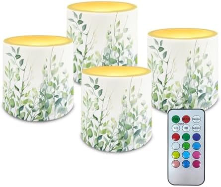 Green Leaves Flameless Candles Flickering Battery Operated 4 Pack Realistic LED Candles with Timer 12-Key Remote Control Decorative Lighting for Gardens Backyards Balconies 3" Dia by YUVAMAGIMO