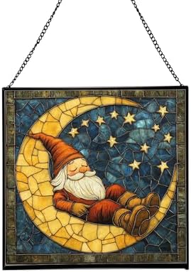 Crescent Moon Gnome Stained Glass Suncatcher – Square Hanging Window Panel for Home or Greenhouse – Whimsical Glass Art Gift for Garden Lovers, Christmas, Halloween, Father Days OF6pkY by Custom