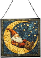 Crescent Moon Gnome Stained Glass Suncatcher – Square Hanging Window Panel for Home or Greenhouse – Whimsical Glass Art Gift for Garden Lovers, Christmas, Halloween, Father Days OF6pkY by Custom