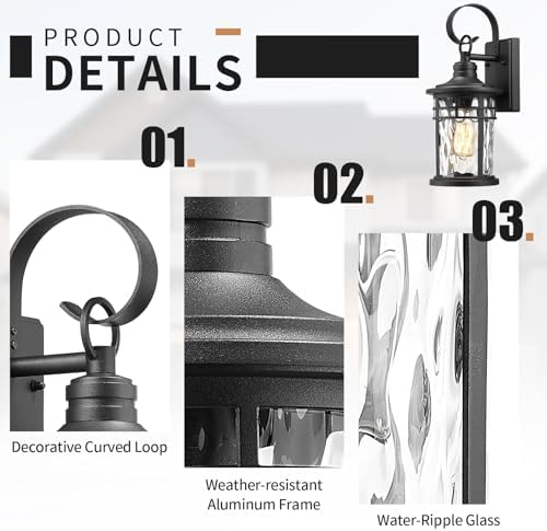 Darkaway Outdoor Wall Lights,Exterior Lighting Fixtures Wall Mount Porch Lights Waterproof Outdoor Sconce with Water Ripple Glass for House Patio Hallway Garage - Image 2