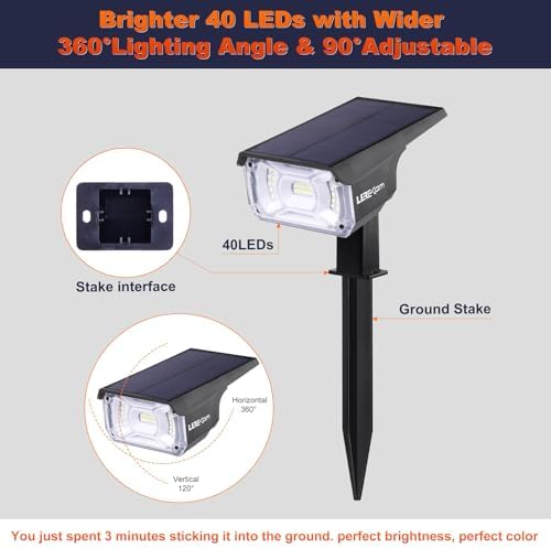 LEREKAM 40 LEDs Spotlights,IP65 Waterproof Solar Powered Landscape Spotlights 2-in-1 Wall Light, Outdoor Landscaping Lights Auto On/Off for Yard Garden 2Pack Warm-White - Image 6