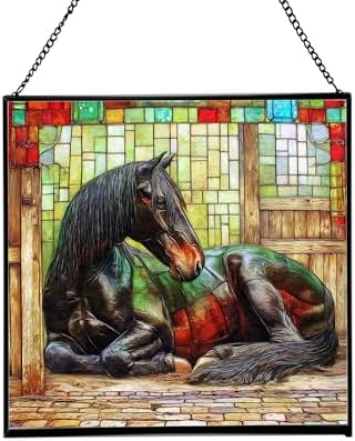 Black Shire Horse Resting Under Stable Eaves Square Suncatcher – Stained Glass Style Window Panel with Pastoral Scene, Custom Decorative Hanging Art for Equestrian Home, Christmas E6Fxuk by Custom