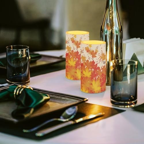 Flameless Candles with Remote Battery Operated Candles with Timer Outdoor Lanterns Thanksgiving Day Flameless Pillar Candles for Patio Porch Decoration, Fall Maple Leaves Music Notes - Image 4