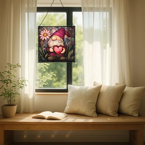 Valentine Gnome Hug Stained Glass Suncatcher – Square Hanging Window Panel for Home or Greenhouse – Whimsical Glass Art Gift for Garden Lovers, Christmas, Halloween, Father Days qaXrWI - Image 7