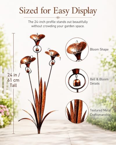 Copper Flamed Three Calla Lilies Garden Stake with Bells, Decorative Metal Stakes 24 Inch Handmade Whimsical Flower Rain Catcherflower Yard Art Decor Chime Rustic Yards Ornament Gift(3pcs) - Image 4