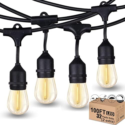 Outdoor String Lights LED 100FT Heavy-Duty Patio Lights String with 32 Dimmable Shatterproof Plastic Bulbs for Gazebo Pergola Bistro Lights Linkable by Meidaoduo