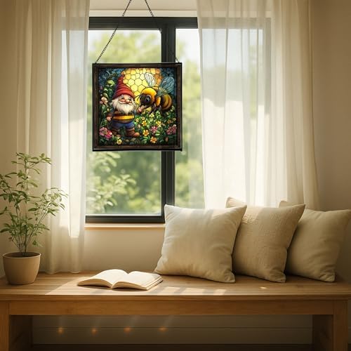 Bee Friend Gnome Stained Glass Suncatcher – Square Hanging Window Panel for Home or Greenhouse – Whimsical Glass Art Gift for Garden Lovers, Christmas, Halloween, Father Days CPmPdP - Image 7
