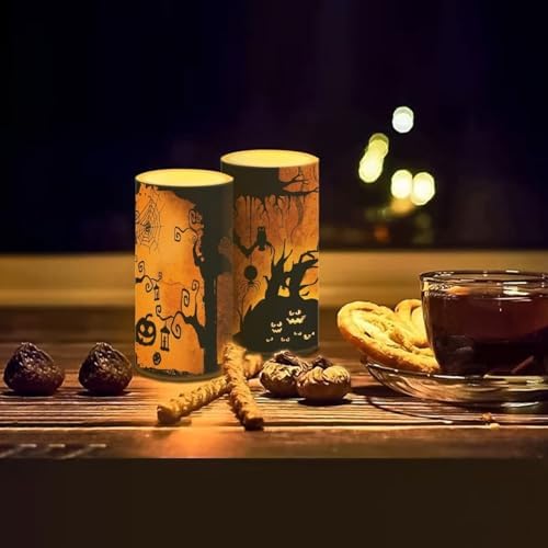 Halloween Battery Operated Candles with Timer Flameless LED Candles Bulk with Remote Devil Pumpkin Tree Print Electric Fake Plastic Pillar Lights Bulk for Home Party Decoration - Image 7