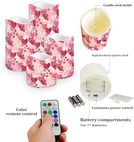 Pink Heart Theme Plastic Flameless Candles with Remote Control and Timer LED Flickering Battery Electric Pillar Candles for Table Valentine's Day Decoration - Image 3