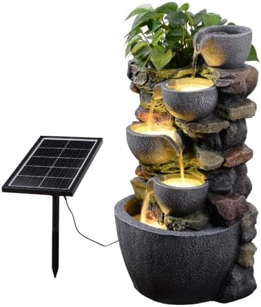24'' Stacked Rock Solar Powered Water Fountain, Outdoor DIY Planter Pot Waterfall Fountain with LED Lights, Water Feature Landscape Decor for Garden, Patio, Backyard, Home Decoration - Image 7