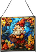 Gnome with Acorn Basket Stained Glass Suncatcher – Square Hanging Window Panel for Home or Greenhouse – Whimsical Glass Art Gift for Garden Lovers, Christmas, Halloween, Father Days XSKOKa by Custom