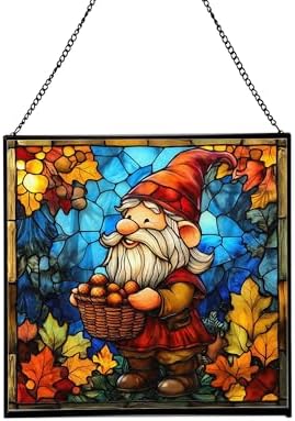 Gnome with Acorn Basket Stained Glass Suncatcher – Square Hanging Window Panel for Home or Greenhouse – Whimsical Glass Art Gift for Garden Lovers, Christmas, Halloween, Father Days XSKOKa by Custom