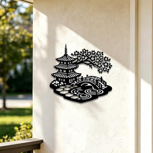 Japanese Pagoda Metal Wall Art Cherry Blossom Bridge Sculpture Zen Garden Decor for Living Room Bedroom Patio Indoor Outdoor Plaque (16 INCH) - Image 2