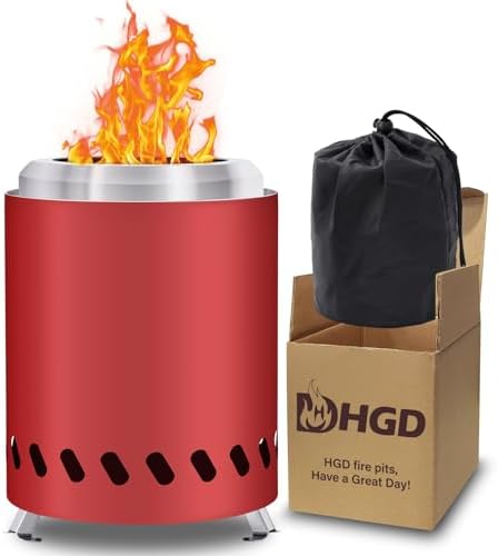 HGD 9.6 x 7.1 in Small Tabletop Fire Pit, Portable Mini Smokeless Table Top Firepit, Low Smoke Camping Stove for Outdoor & Patio, Fueled by Pellets or Wood, with Travel Bag, Stainless Steel, Red by HGD