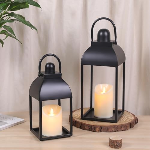 Lanterns Decorative Indoor 15" 11" Set of 2 Black Metal Lantern with Candle by MATAHUMbeyourbetterchoice