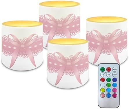 Pink Ribbons Battery Operated Flameless Candles with Remote and Timer Flameless LED Pillar Candles for Banquet Weddings Home Decorations 4 Pack Tea Lights Bulk by Merkmak