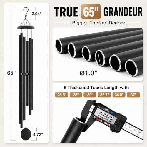 65" Extra Large Wind Chimes for Outside Deep Tone, 6 Extra-Thick Aluminum Tubes for Lasting Resonance, Big Outdoor Wind Chime for Garden Patio Decor, Relaxing Gift for Mom Dad Men Neighbors, Black - Image 2