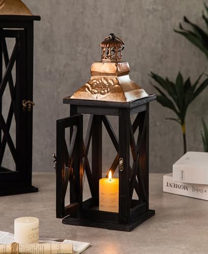 Large Farmhouse Wooden Lanterns with Metal Top, Decorative Floor Lanterns Set of 2, Black Frame with Rustic Gold Accents, Indoor/Outdoor Hurricane Lanterns for Home Decor (No Glass) - Image 4