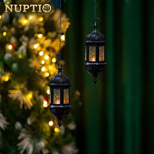 2 Pcs Hanging Candle Lantern Moroccan Chandelier Retro Candle Holder Moroccan Vintage Metal Hollow Wedding Hanging Candle Holders Lantern Contain 35cm Chain, Black - Image 6