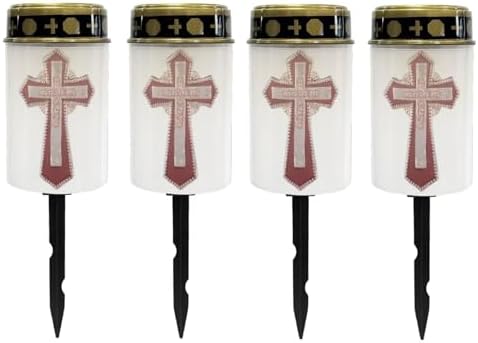 Poceacles Cross Solar Lights Waterproof Solar Garden Lights Cemetery Solar Outdoor Lights Outdoor Stake Automatic Solar Lantern for Cemetery Grave Decoration, Red Gothic Cross, Pack of 4 by Poceacles