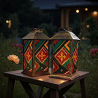 Solar Lantern Outdoor Garden Hanging Lantern Geometric Tribal Rug Red Teal Yellow Motifs Traditional Waterproof Solar Powered Lighting Outside Table Lamp for Patio Deck Yard Camping - Image 6