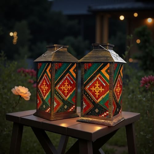 Solar Lantern Outdoor Garden Hanging Lantern Geometric Tribal Rug Red Teal Yellow Motifs Traditional Waterproof Solar Powered Lighting Outside Table Lamp for Patio Deck Yard Camping - Image 6