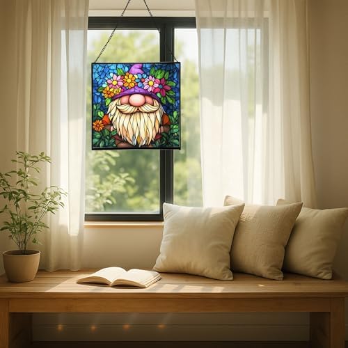 Gnome with Flower Crown Stained Glass Suncatcher – Square Hanging Window Panel for Home or Greenhouse – Whimsical Glass Art Gift for Garden Lovers, Christmas, Halloween, Father Days 1fhnsj - Image 7