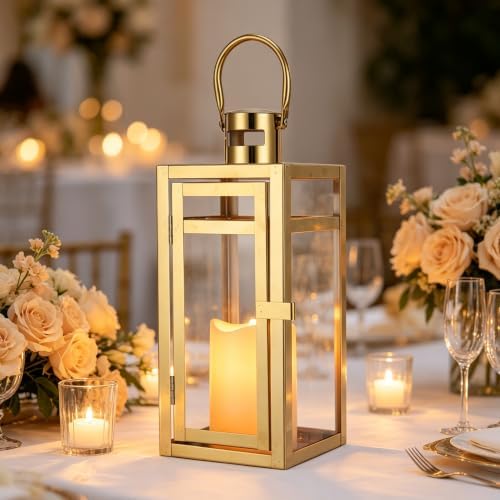 TRIROCKS Stainless Steel Decorative Lantern 12'' High Metal Candle Holder Outdoor Candle Lantern with Tempered Glass for Home Decor Living Room Parties Events Tabletop Wedding Indoor Outdoor (Gold) - Image 3