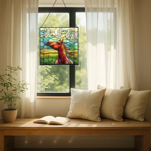 Bay Roan Horse Watching Geese Fly Over Meadow Square Suncatcher – Stained Glass Style Window Panel with Pastoral Scene, Custom Decorative Hanging Art for Equestrian Home, Christmas qcXOkw - Image 7