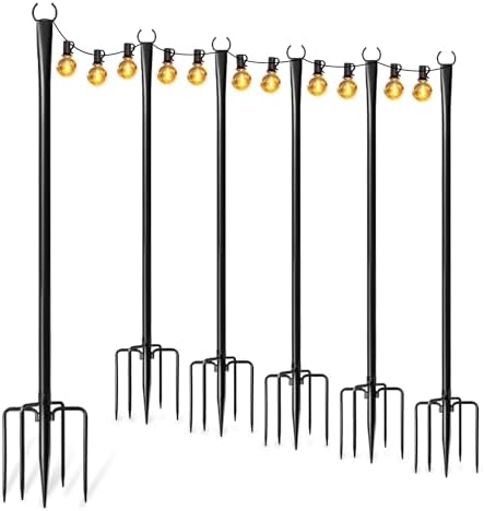 6 Pack String Light Poles for Outside, Adjustable Metal Patio Light Poles by Fussion