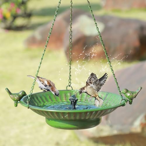 13" Hanging Bird Bath with Solar Fountain,Metal Solar Bird Bath (Green) by AIHAOKAN