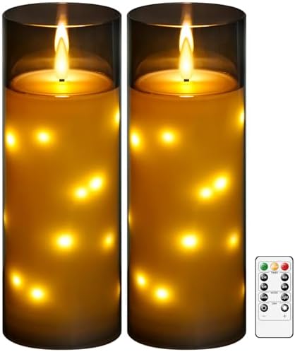 kakoya 11" x 4" Large Outdoor Waterproof Flameless LED Candles with Remote and Timer,Acrylic Pillar Candles Battery Operated with Embedded Star String for Porch,Patio,Outdoor Decor,Set of 2(Grey) by FLAMELESSCANDLES